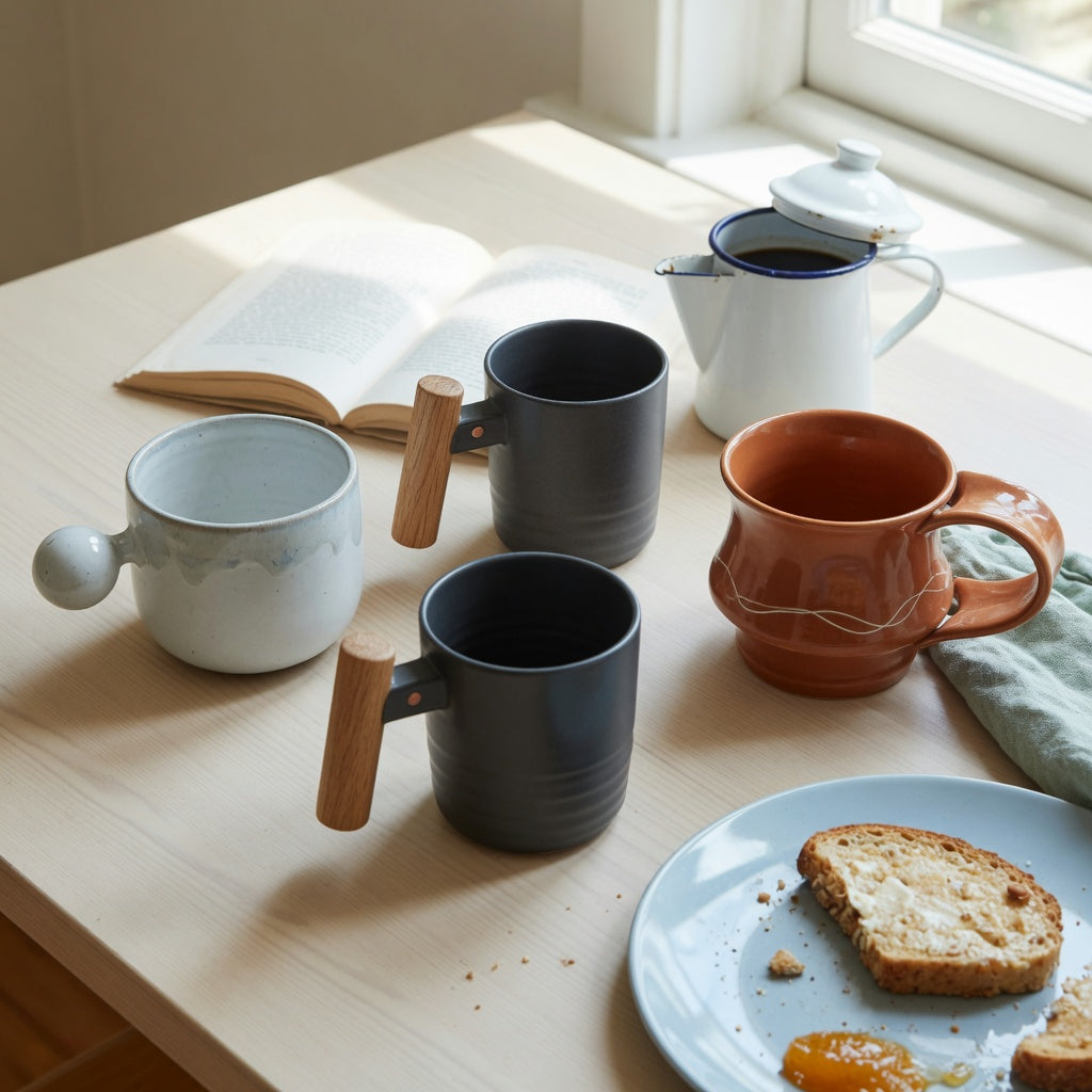 ceramic coffee mugs with large handles weekend coffee product shortlist guide showing ball, wooden, and open-loop handles on a kitchen table