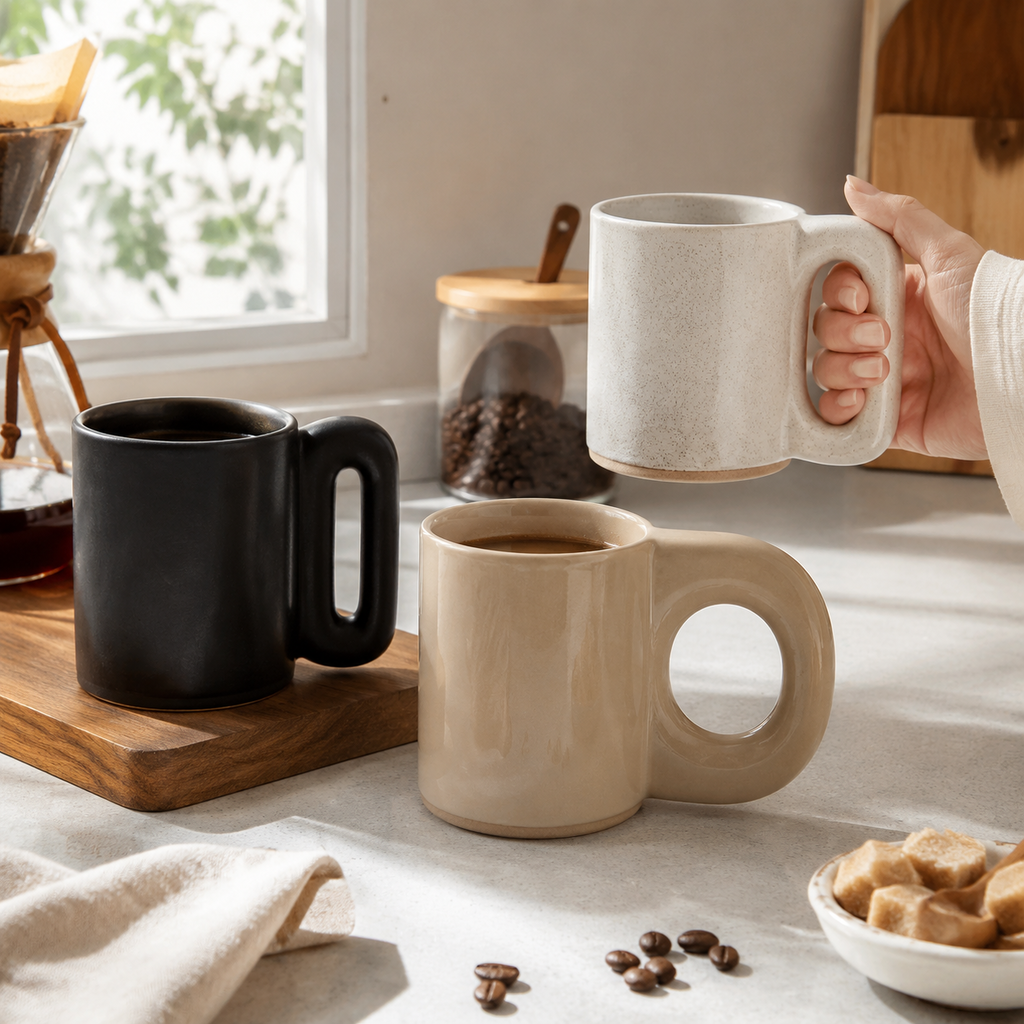 Ceramic coffee mugs with large handles arranged on a kitchen counter for grip comparison