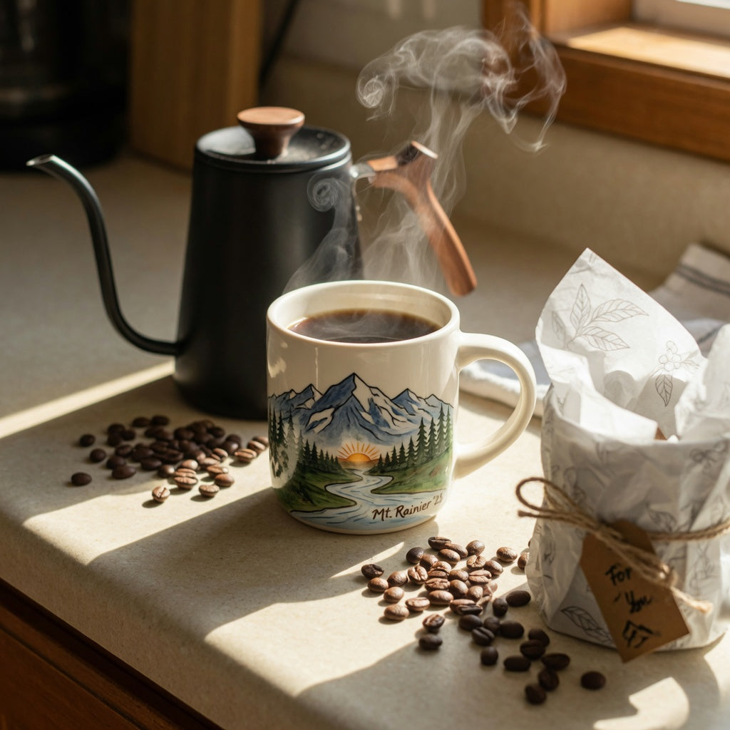Ceramic coffee tea mug for coffee lovers gift with a mountain landscape design on a kitchen counter next to a pour-over kettle and a wrapped gift