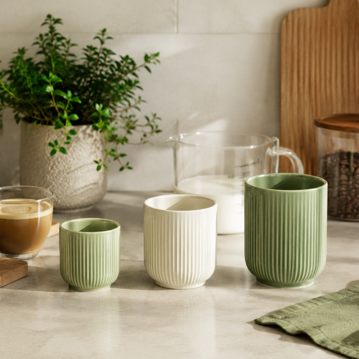 Ceramic cortado cup size comparison with 170 ml, 200 ml, and 270 ml cups beside a measured coffee pour