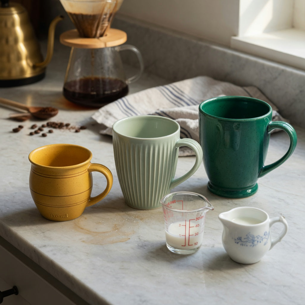 A ceramic cortado cup home coffee station product shortlist guide showing Retro 170 ml, Pleated 200 ml, and Emerald 270 ml options