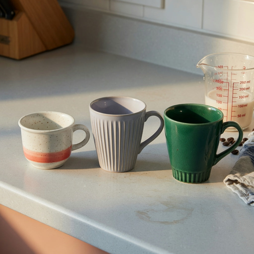 Side-by-side ceramic cortado cup size decision guide comparing Retro 170 ml, Pleated 200 ml and Emerald 270 ml options