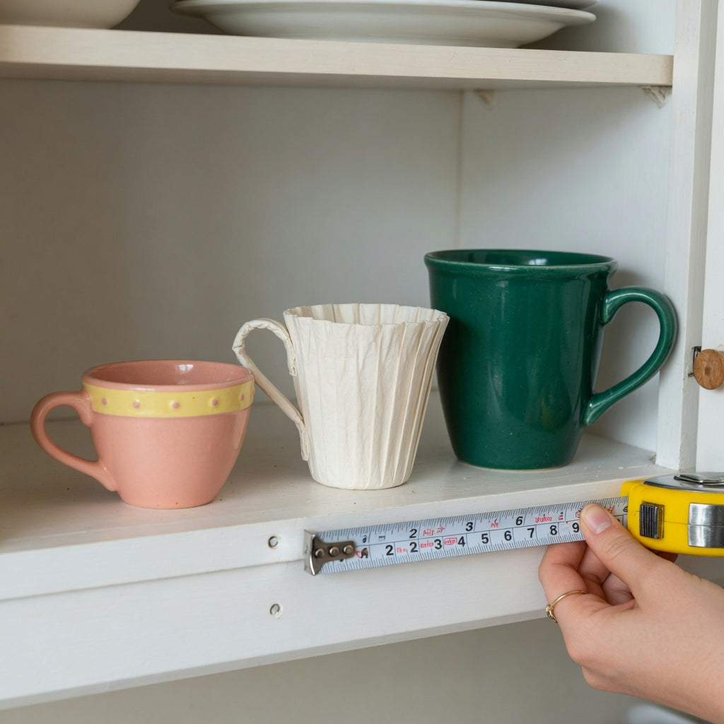 A ceramic cortado cup storage fit guide comparing Retro, Pleated, and Emerald handle clearance on a kitchen shelf