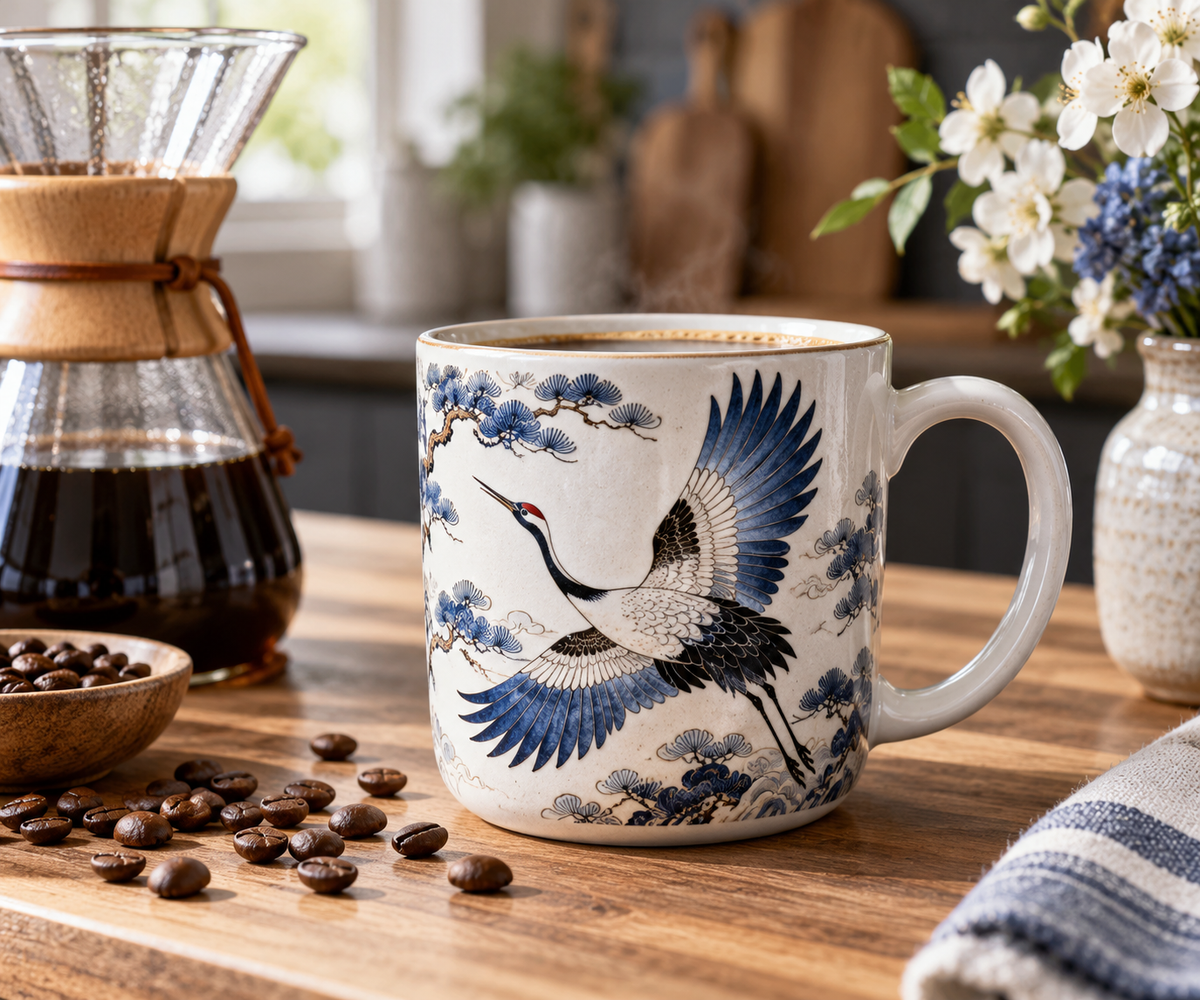 ceramic crane mug ideas with a detailed crane motif on a white ceramic coffee mug