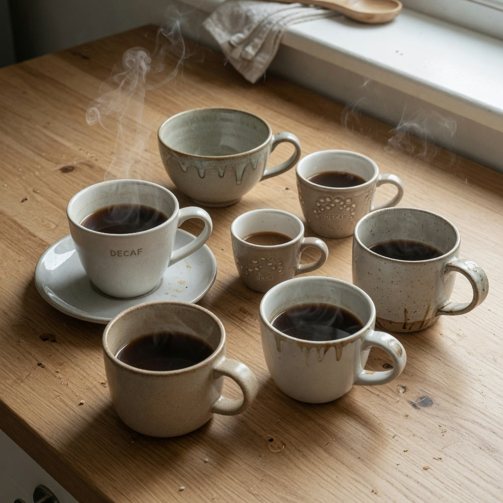 ceramic decaf coffee cup with different sizes and handles displayed