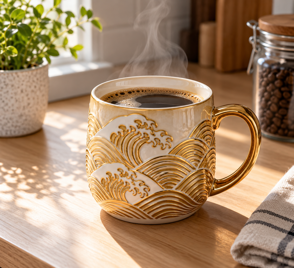 ceramic decorative waves coffee mug for home on kitchen counter