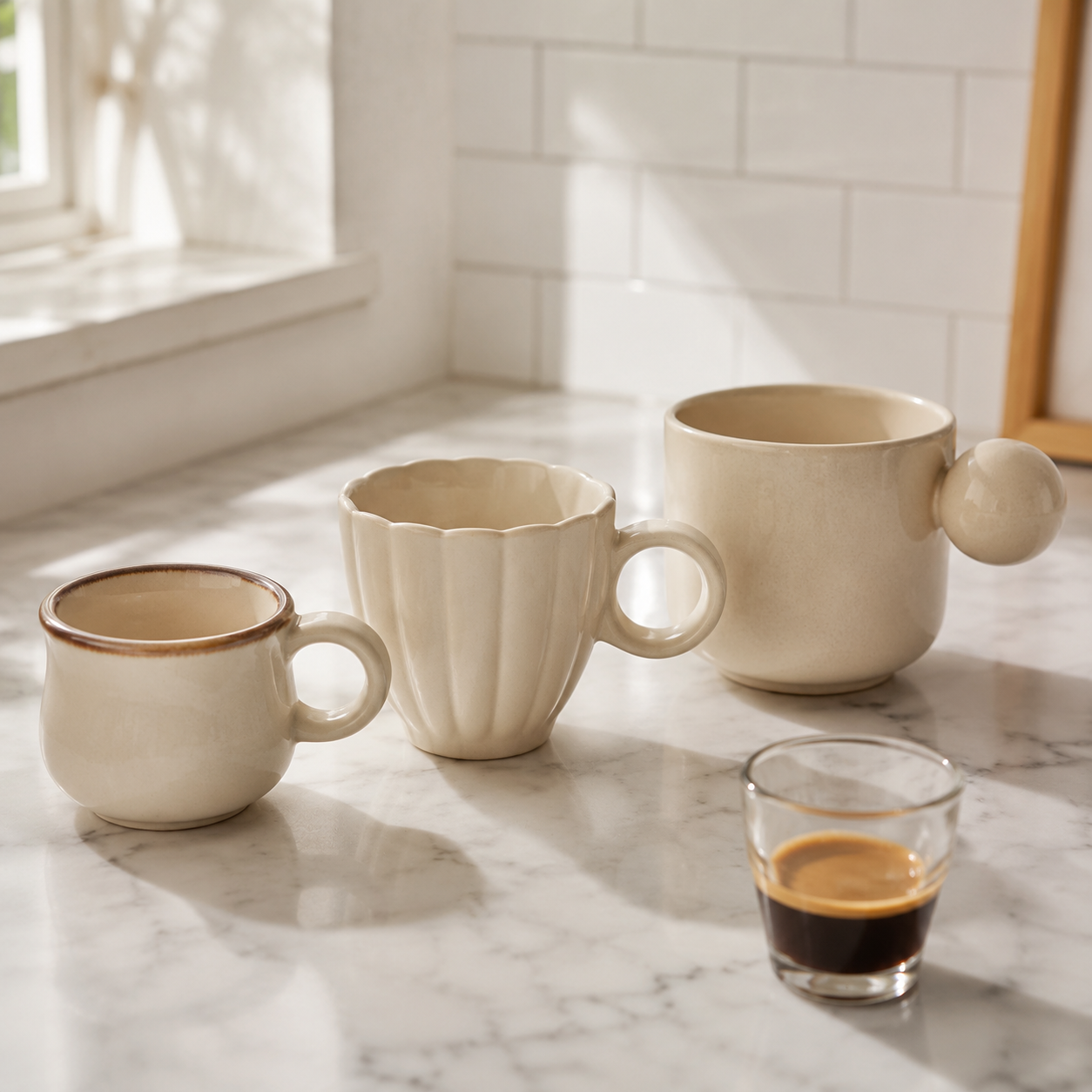 Ceramic espresso cup lineup with Retro, Pleated, and Ball Handle forms in three listed capacities