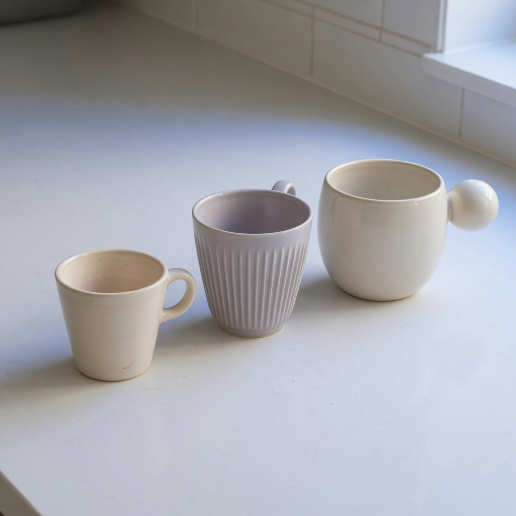 Three ceramic cups side by side for ceramic espresso cup current product facts, representing Retro 170 ml, Pleated 200 ml, and Ball Handle 250 ml listings
