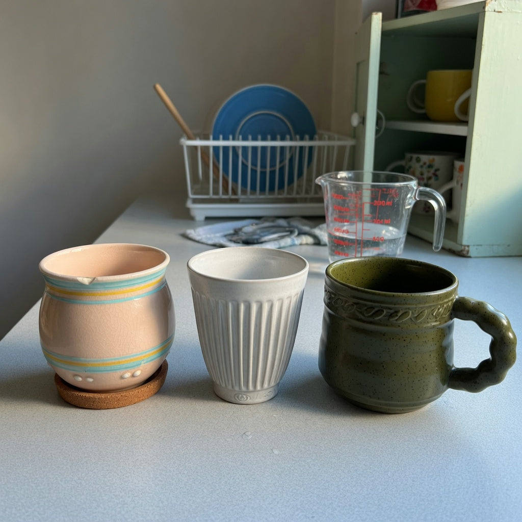 Ceramic espresso cup everyday mug rotation practical purchase checklist showing 170 ml, 200 ml, and 250 ml cup forms on a kitchen counter