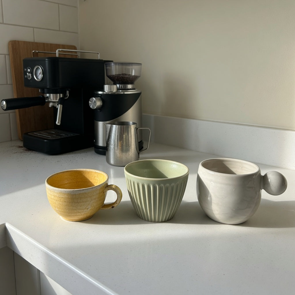 Ceramic espresso cup home coffee station practical purchase checklist with 170 ml, 200 ml, and 250 ml ceramic cup forms on a kitchen counter