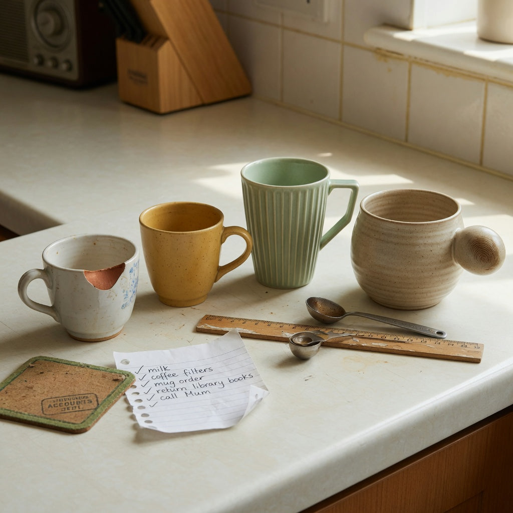 ceramic espresso cup replacement purchase practical purchase checklist with a chipped cup beside Retro 170 ml, Pleated 200 ml, and Ball Handle 250 ml ceramic vessels