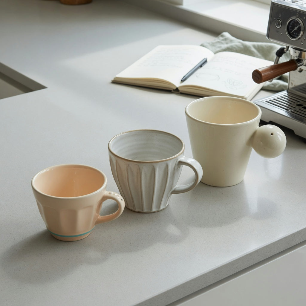 Side-by-side ceramic espresso cup size decision guide with 170 ml Retro, 200 ml Pleated, and 250 ml Ball Handle ceramic cups