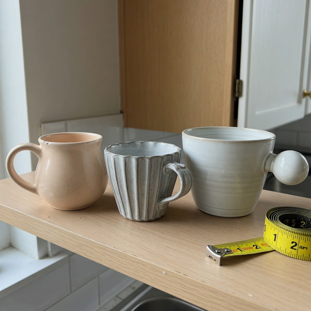 Ceramic espresso cup storage fit guide with Retro, Pleated, and Ball Handle cups arranged on an open cabinet shelf