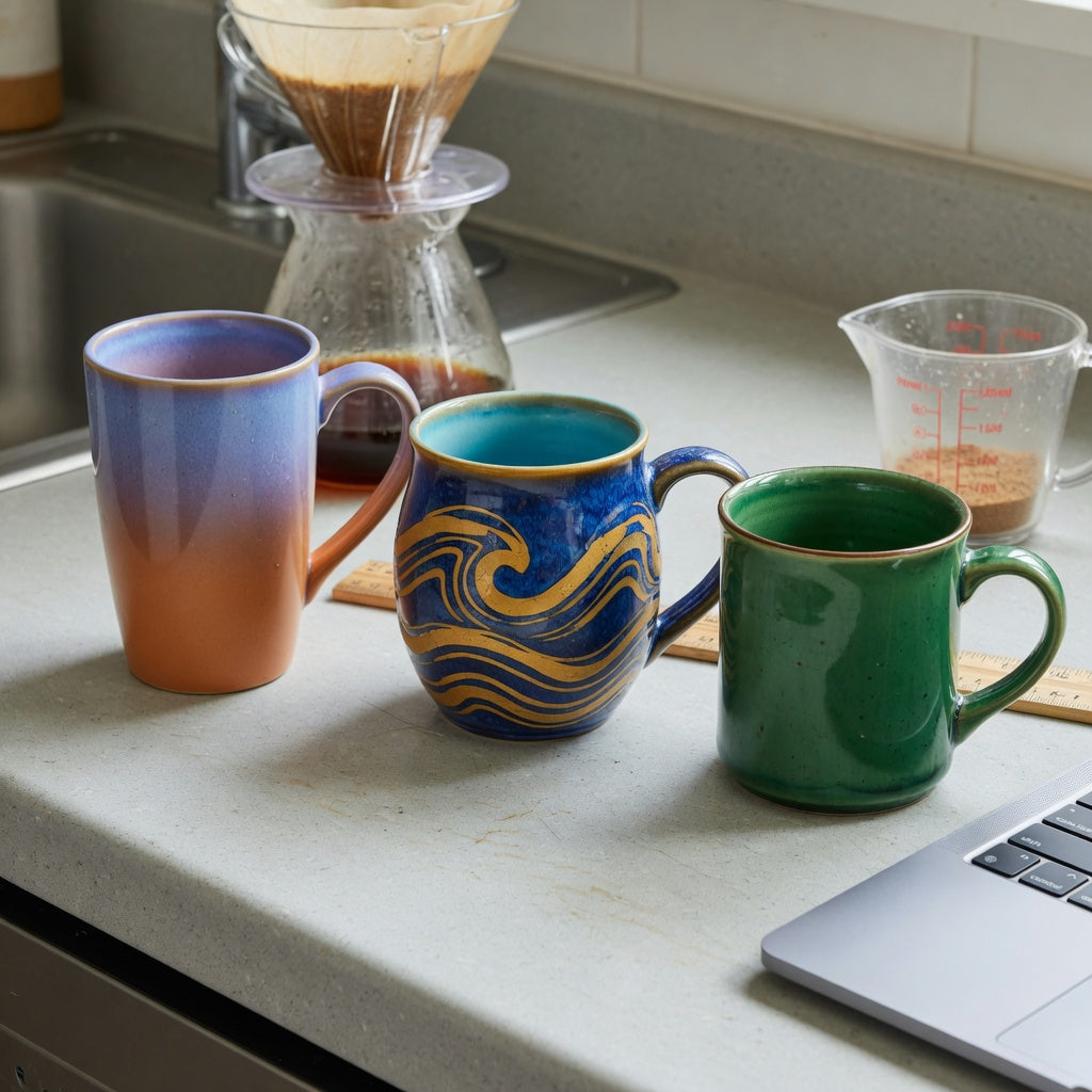 Ceramic glazed coffee mugs buying priorities compared by capacity, shape, and counter space