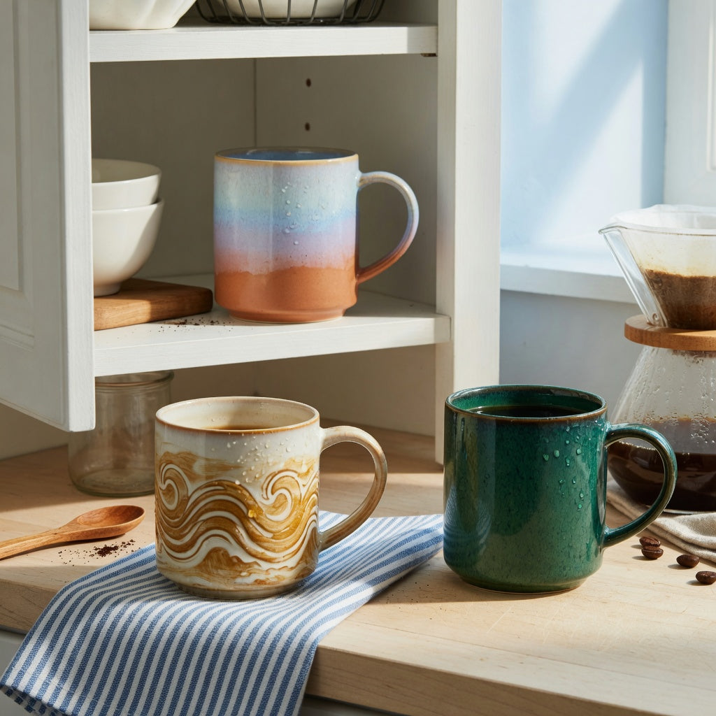 ceramic glazed coffee mugs everyday mug rotation practical purchase checklist showing Gradient, Golden Waves Kio, and Emerald mugs in a working kitchen