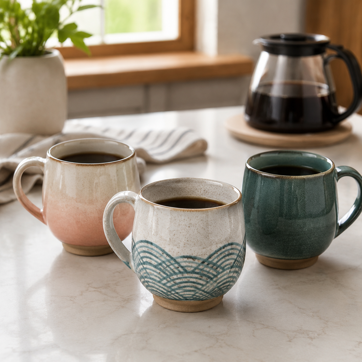 Ceramic glazed coffee mugs with gradient, wave-patterned, and emerald finishes on a kitchen counter