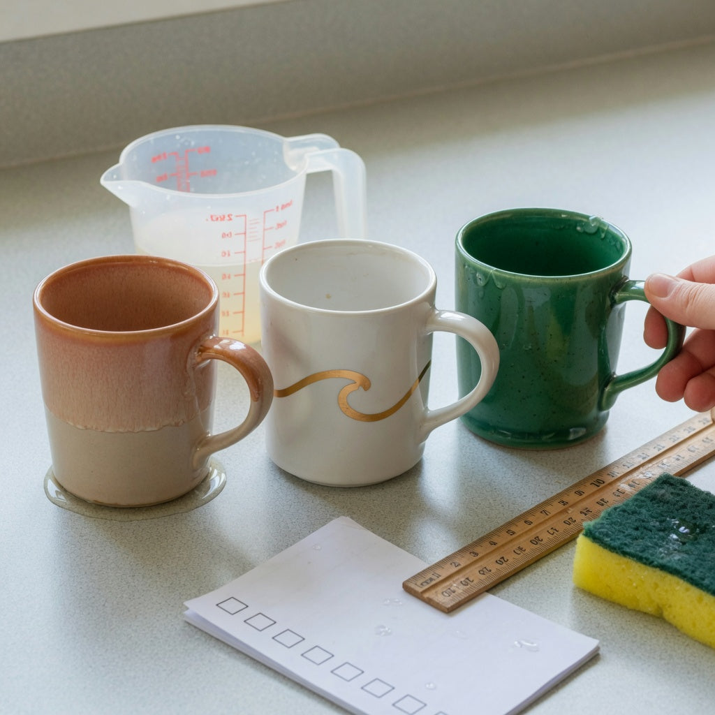 Three glazed mugs and measuring tools for the ceramic glazed coffee mugs first time buyer practical purchase checklist
