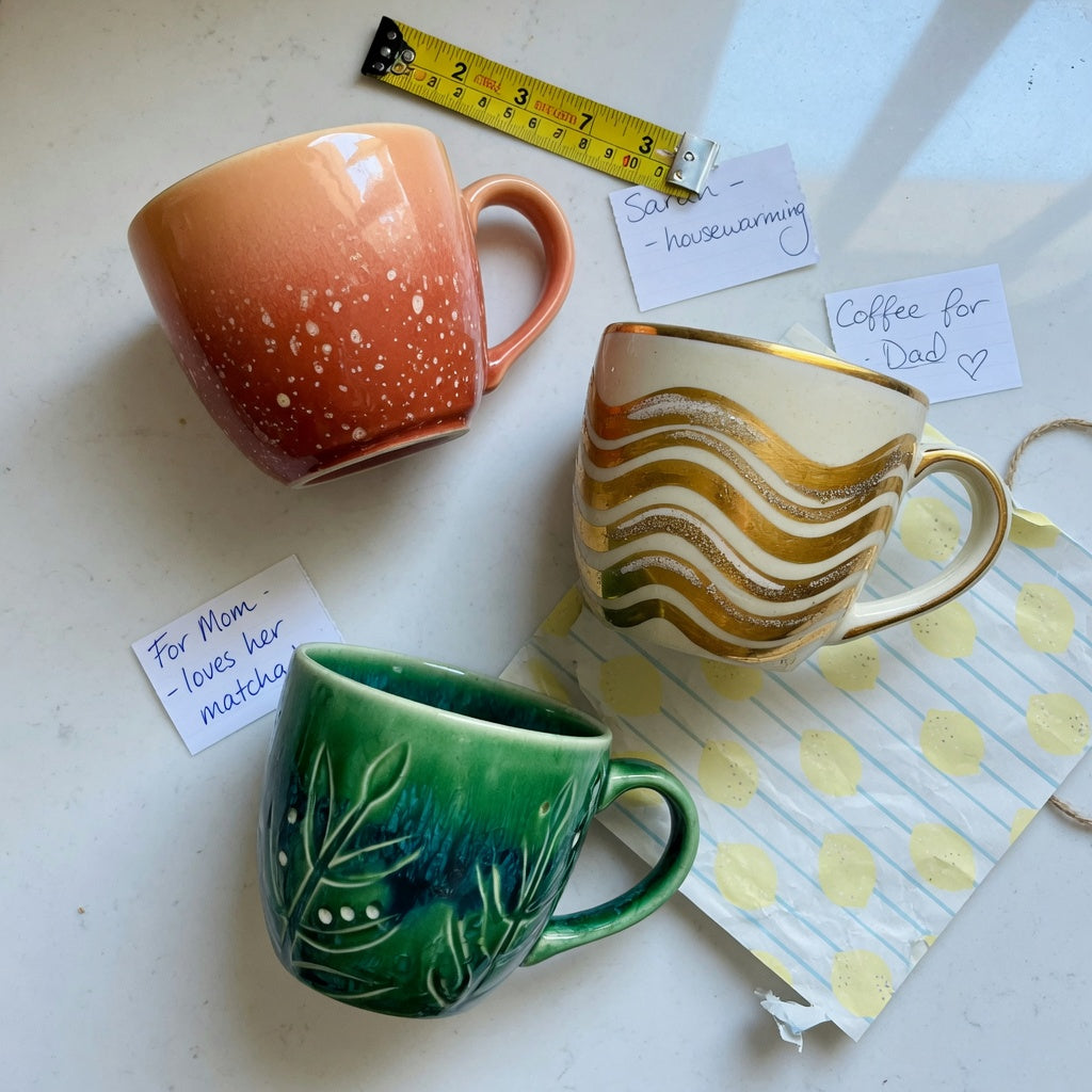 Ceramic glazed coffee mugs gift choice product shortlist guide comparing Gradient, Golden Waves Kio, and Emerald designs