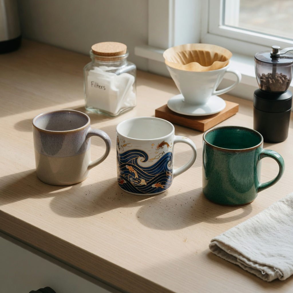 ceramic glazed coffee mugs home coffee station product shortlist guide with Gradient, Golden Waves Kio, and Emerald mugs beside a pour-over setup