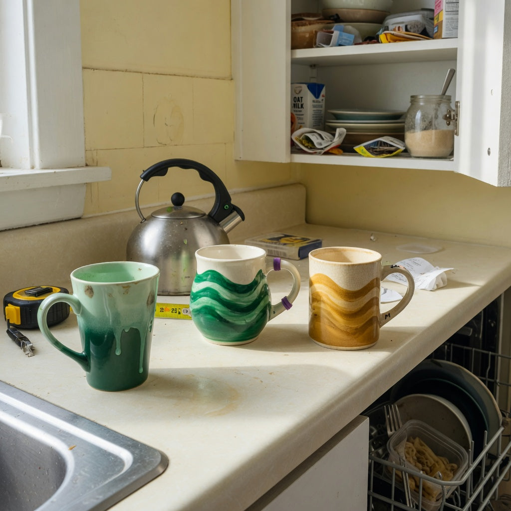 ceramic glazed coffee mugs shared household practical purchase checklist with three distinct mugs on a shared kitchen counter