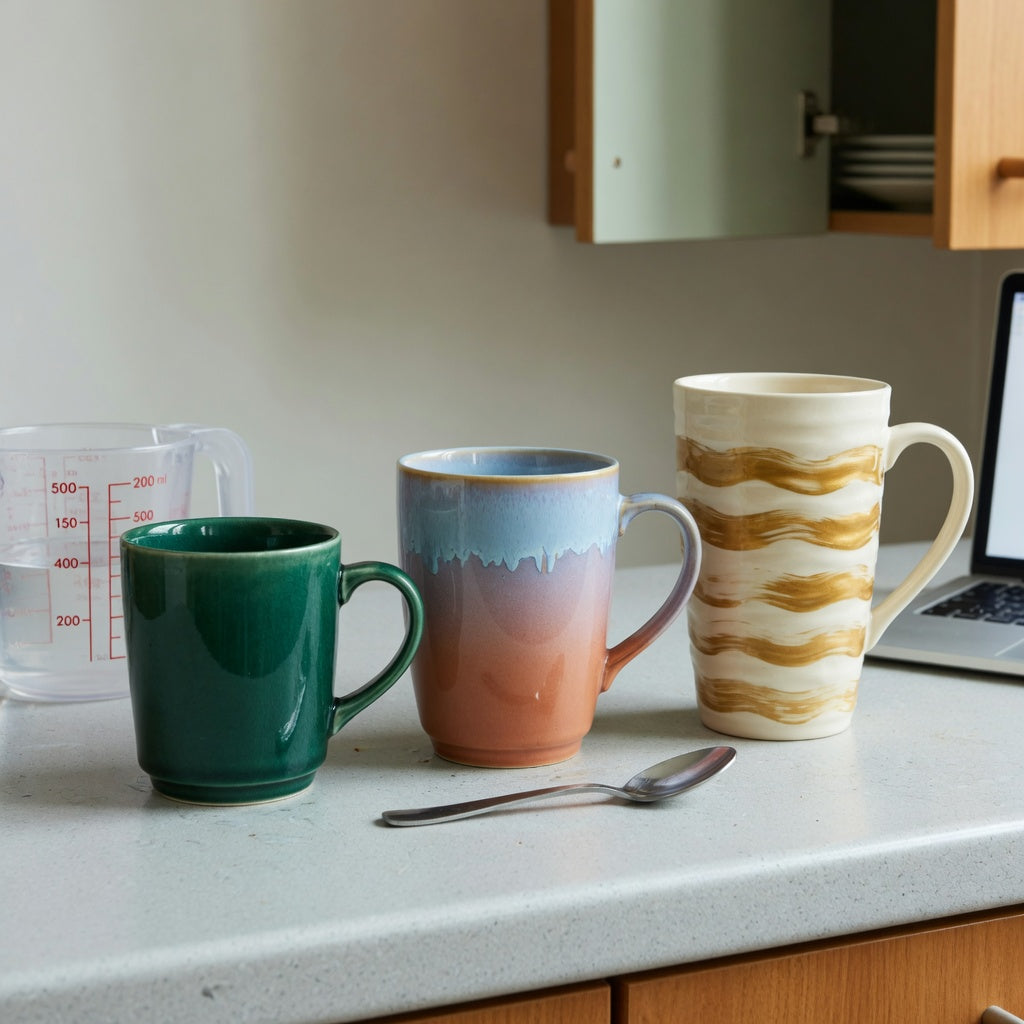 Ceramic glazed coffee mugs size decision guide showing the 400 ml Emerald, 440 ml Gradient, and 480 ml Golden Waves Kio options