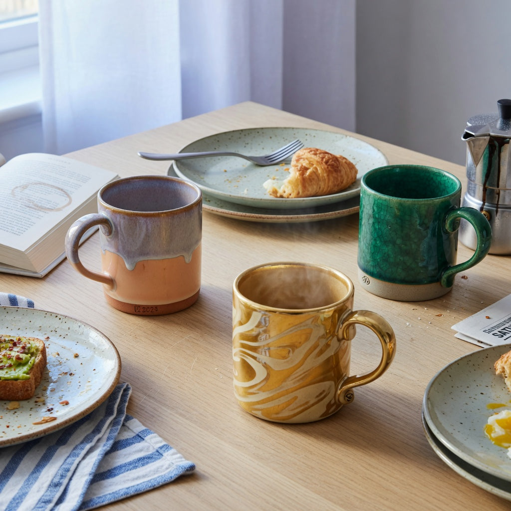 Ceramic glazed coffee mugs weekend coffee product shortlist guide showing Gradient, Golden Waves Kio, and Emerald mugs on a Saturday table