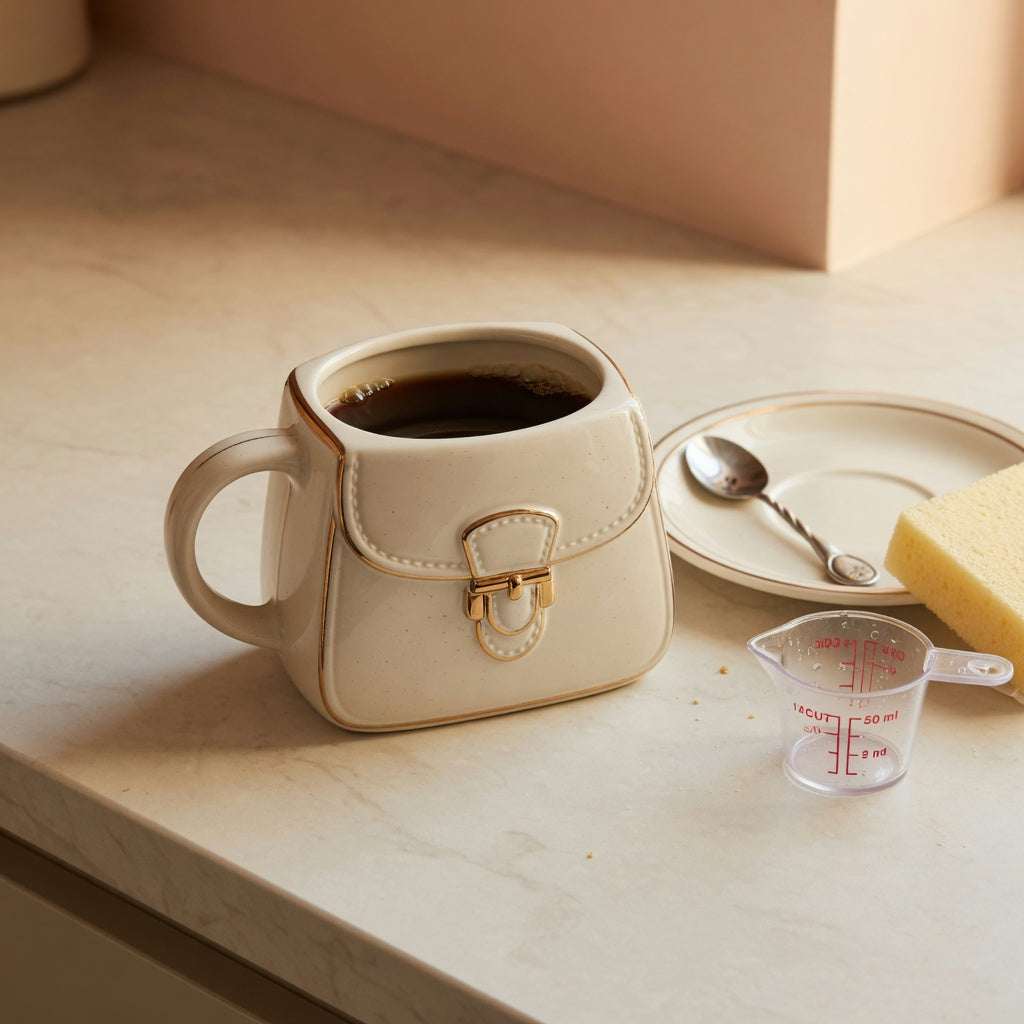 Ceramic handbag mug with gold-colored trim beside a saucer and measuring cup for size comparison