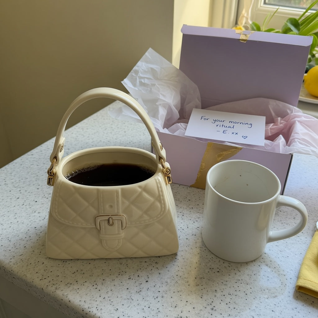 Ceramic handbag mug gift with a curved handle on a kitchen counter beside open gift packaging and a standard mug