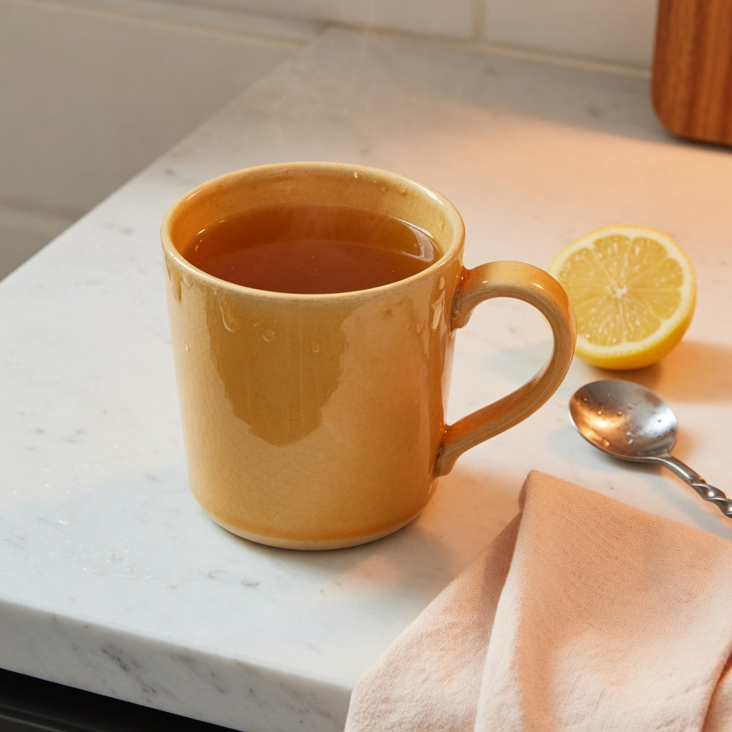 Ceramic hot toddy mug on a kitchen counter beside lemon and a stirring spoon