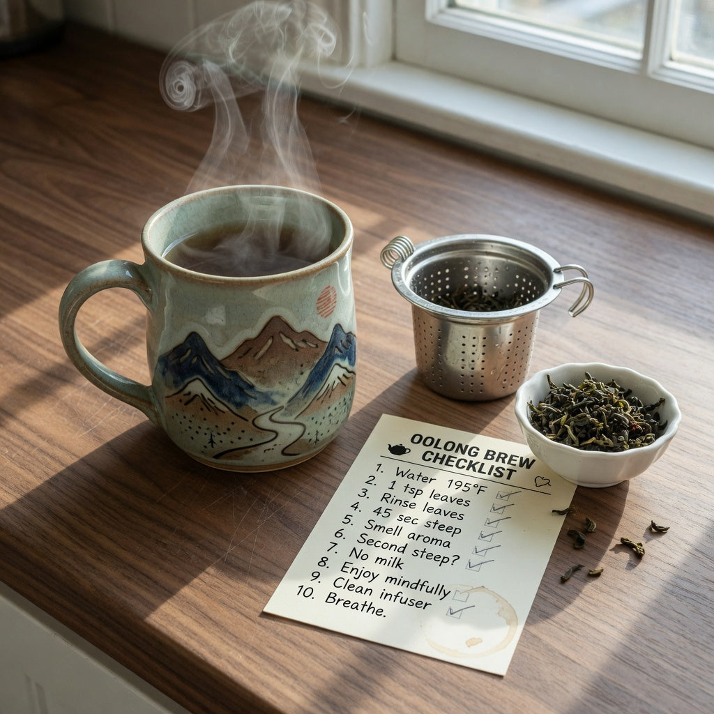 Ceramic landscape tea mug checklist card beside a mountain-scene tea mug and stainless infuser on a kitchen counter