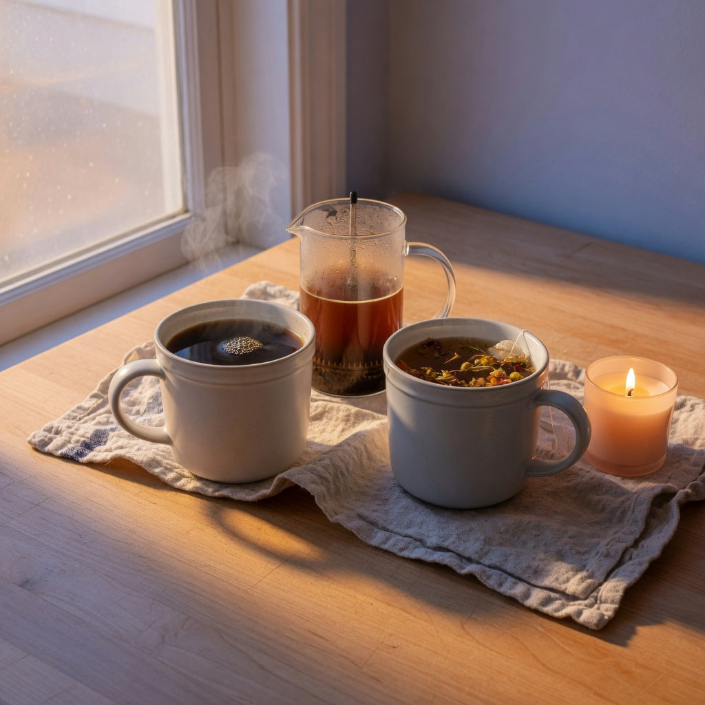 Two large ceramic morning and night coffee tea mugs side by side on a kitchen counter, one filled with morning coffee and one with evening herbal tea