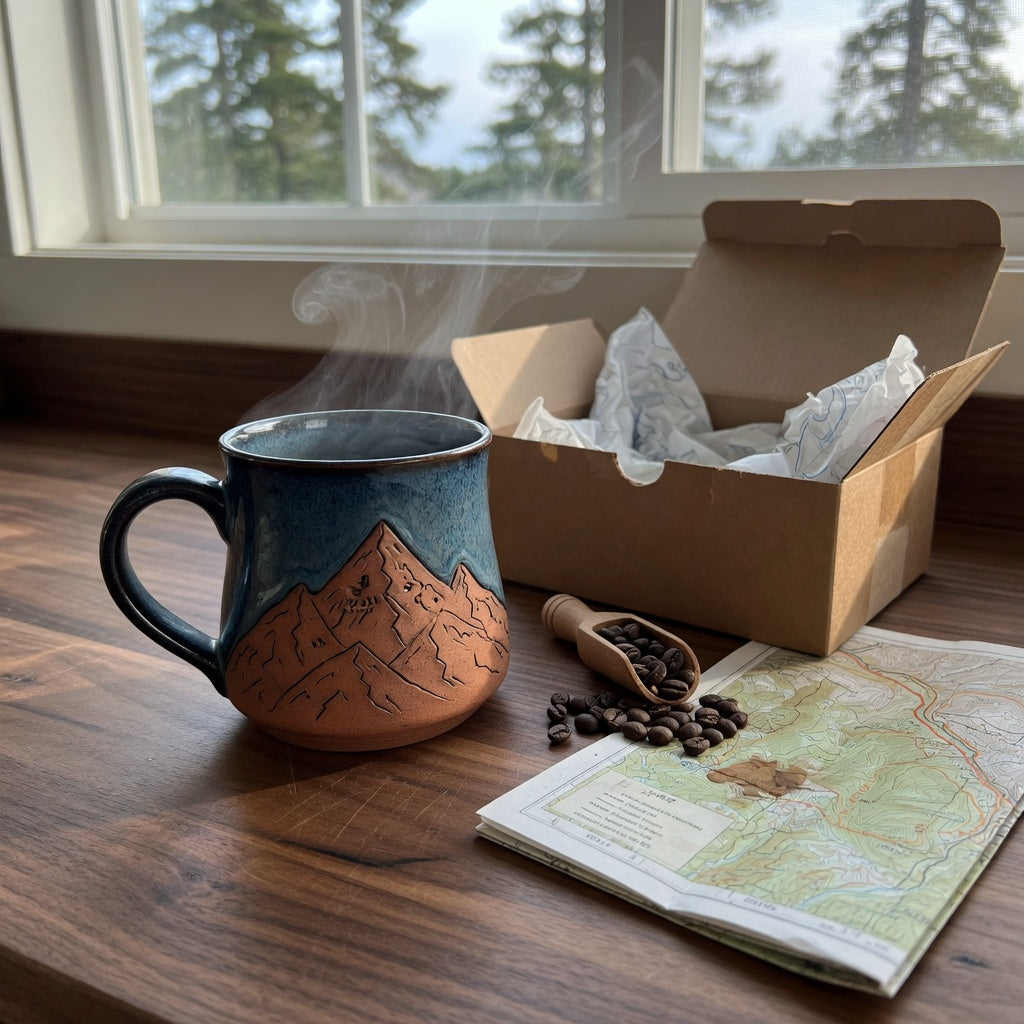 Ceramic mountain coffee mug gift with raised peak relief beside a kraft gift box, coffee beans, and a topographic map