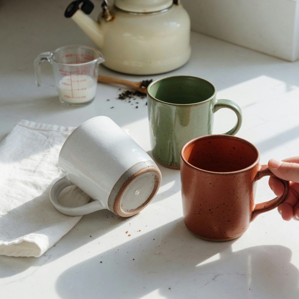 Shopper using a ceramic mug buying checklist to inspect the glaze, rim, handle, and base