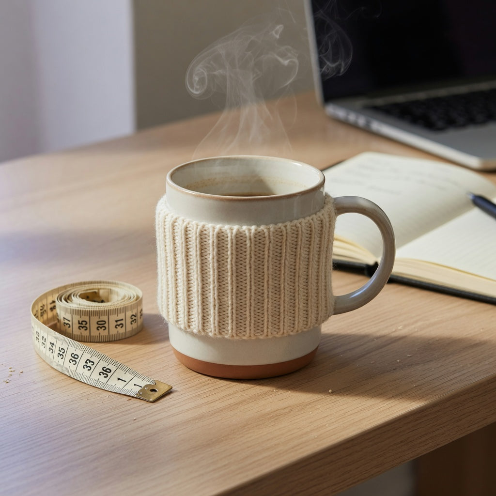 A ceramic mug cozy for coffee break fitted around a handled mug beside a measuring tape