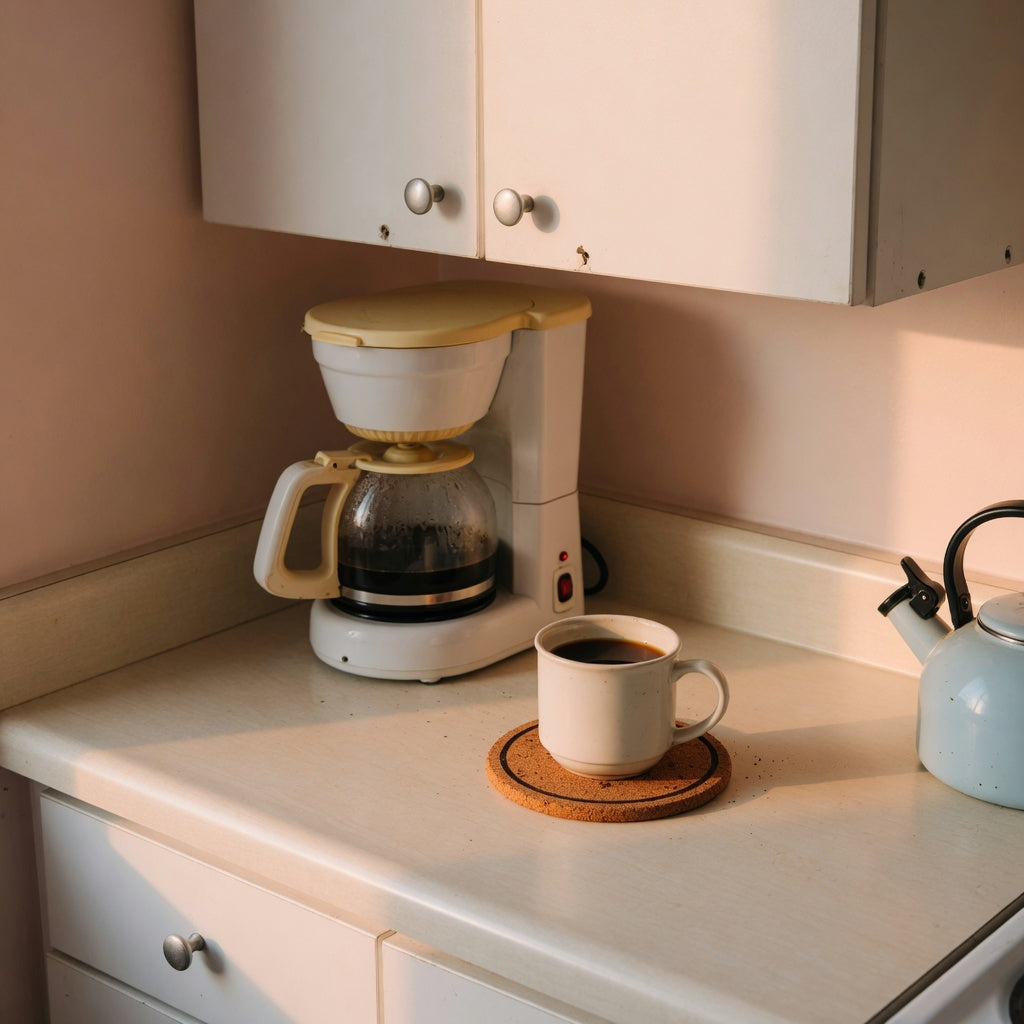 Ceramic mug for apartment morning counter on a coaster beside a compact coffee maker under low cabinets