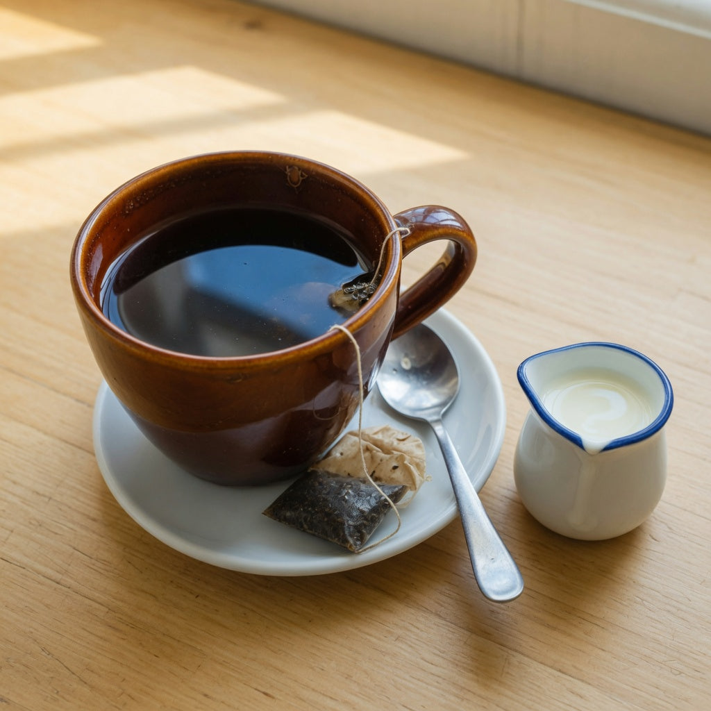 Ceramic mug for black tea filled with a dark brew on a wood desk beside a tea bag and a small jug of milk