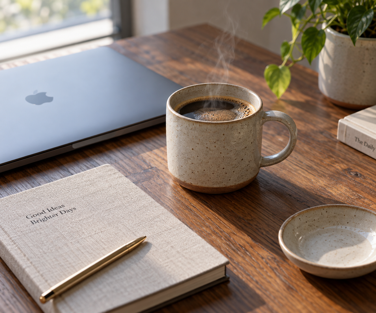 Ceramic mug for coffee break on an office desk beside a laptop and notebook