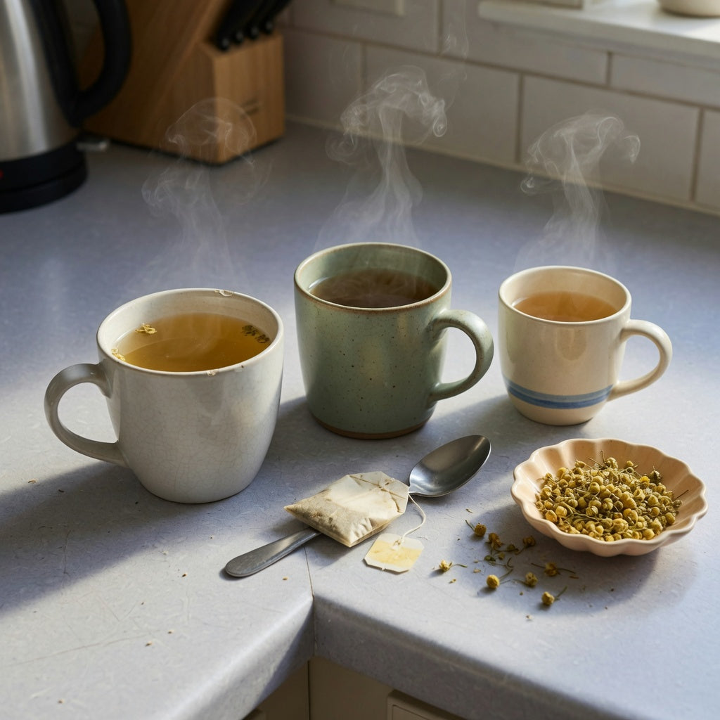 Ceramic mug for herbal tea on a kitchen counter beside dried chamomile and a filled cup