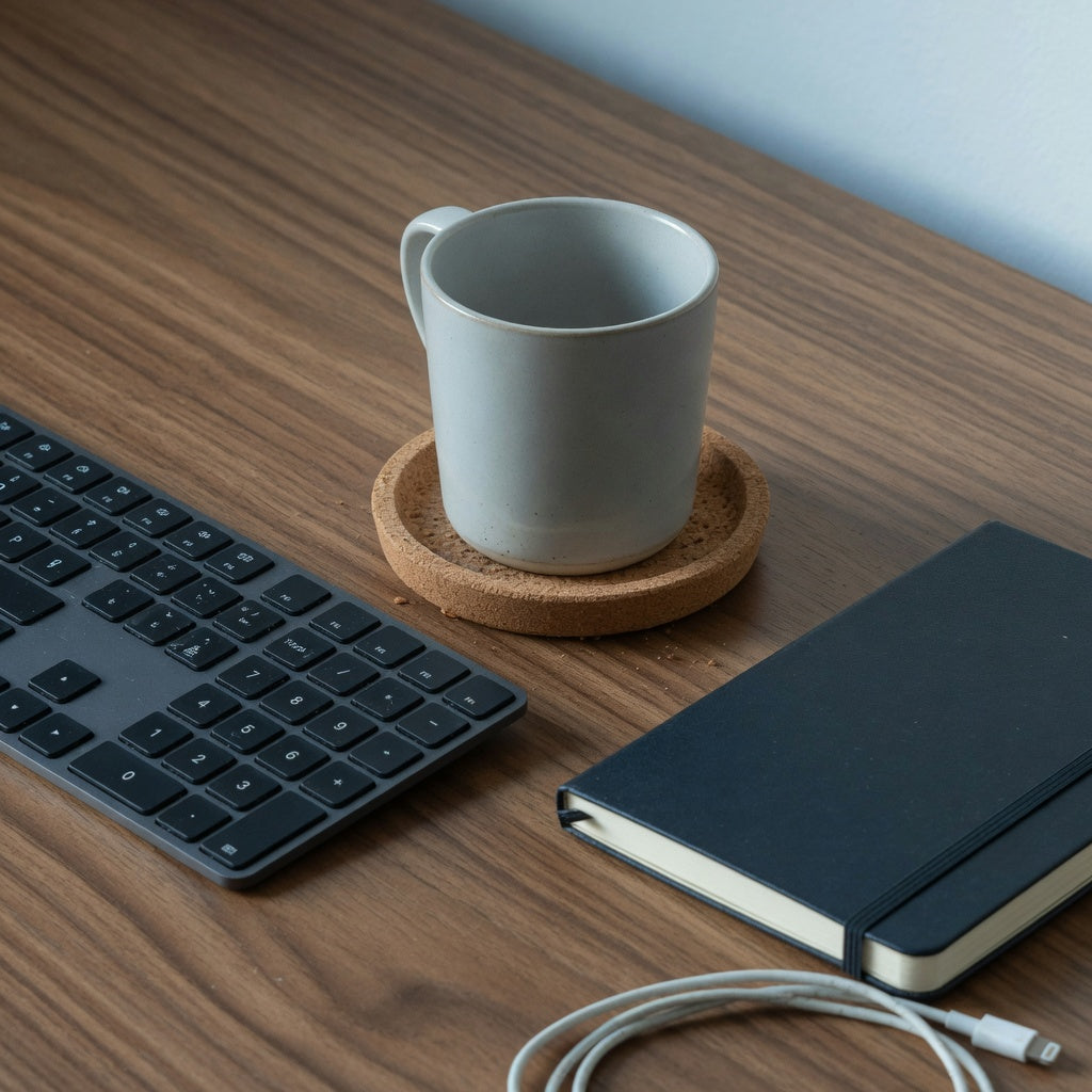 A ceramic mug for narrow office desk on a cork coaster beside a slim keyboard