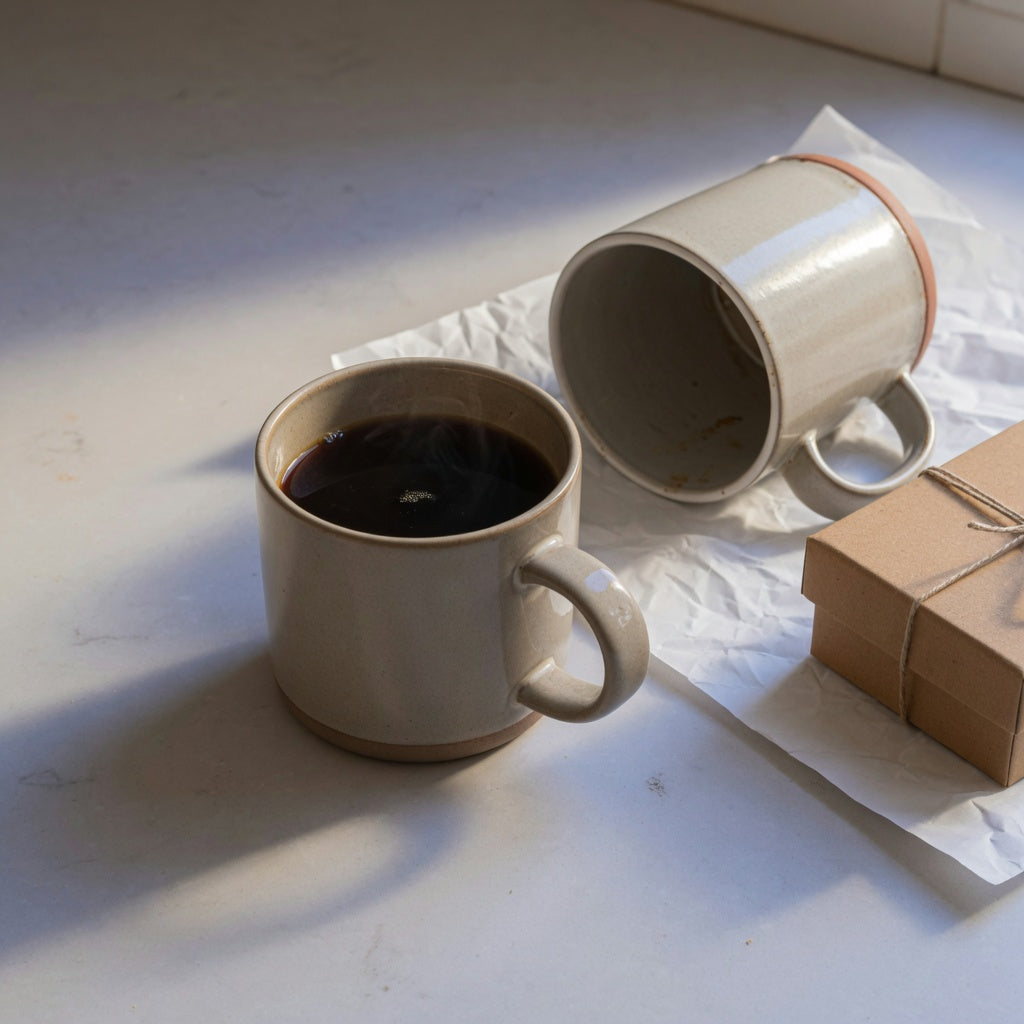 Ceramic mug gift for coffee drinkers on a kitchen counter beside an open gift box