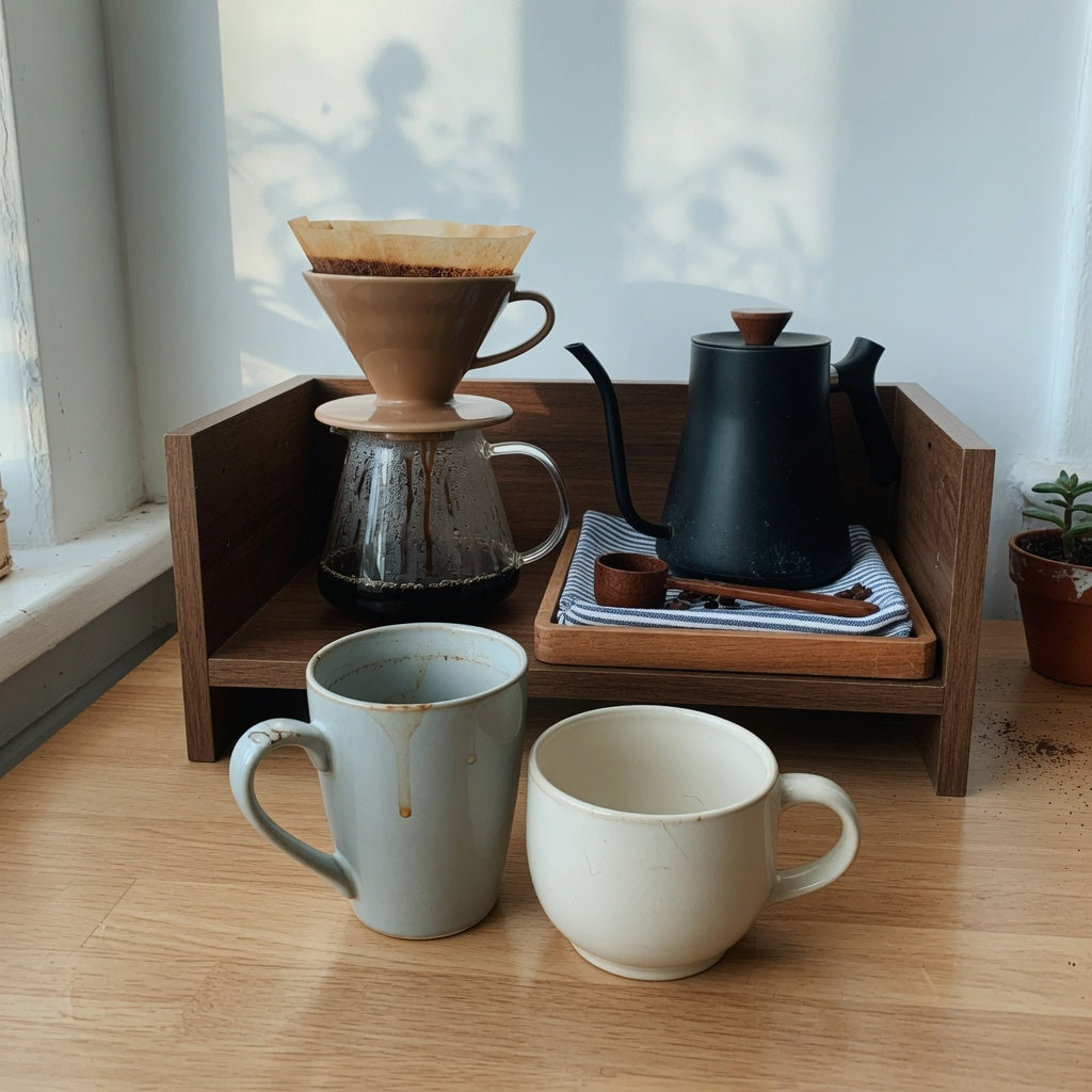 A ceramic mug pair for coffee station use, two everyday cups on a tray beside a brewer and kettle