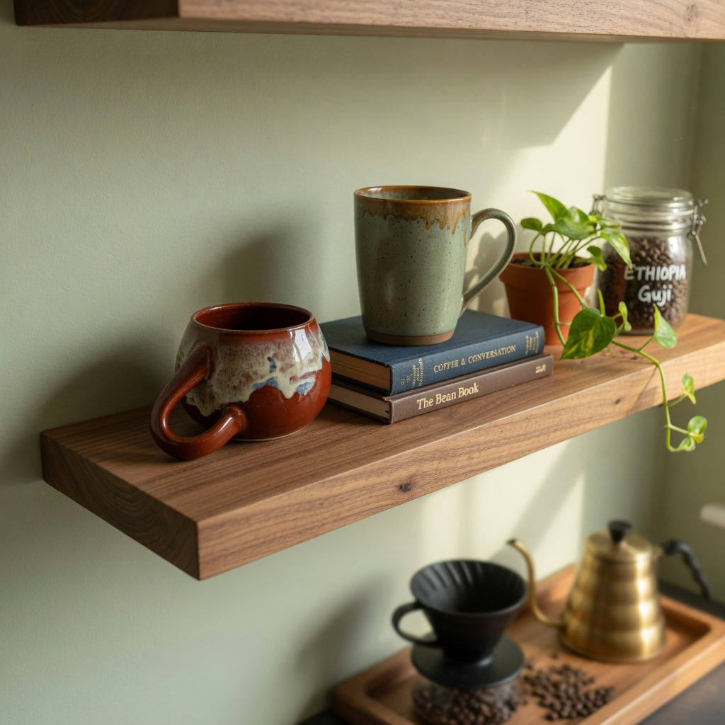 Two ceramic mugs styled with a height offset on a wooden floating shelf — ceramic mug pair shelf styling ideas with books, a plant, and clear negative space