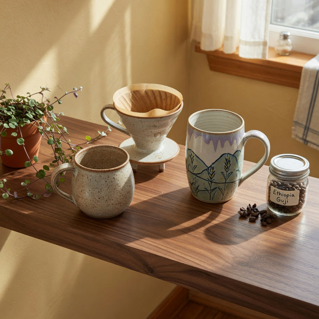 Ceramic mug pair styling ideas in action: a round and a tall ceramic mug arranged as a deliberate pair on an open shelf above a home coffee bar