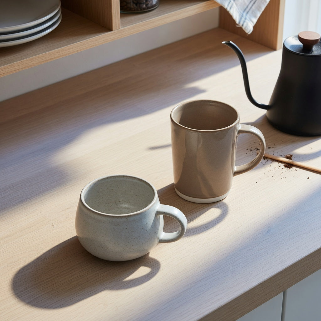 Ceramic mug pair with complementary shapes and glazes styled on a kitchen counter in morning light