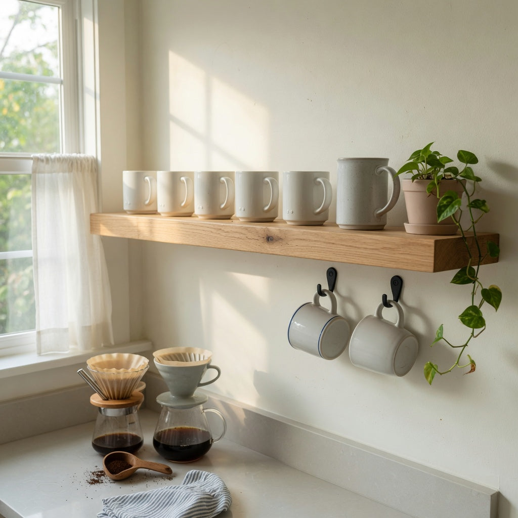 Floating kitchen shelf styled with round ceramic mugs in an evenly spaced row and two hanging below on hooks, an example of ceramic mug shelf styling ideas