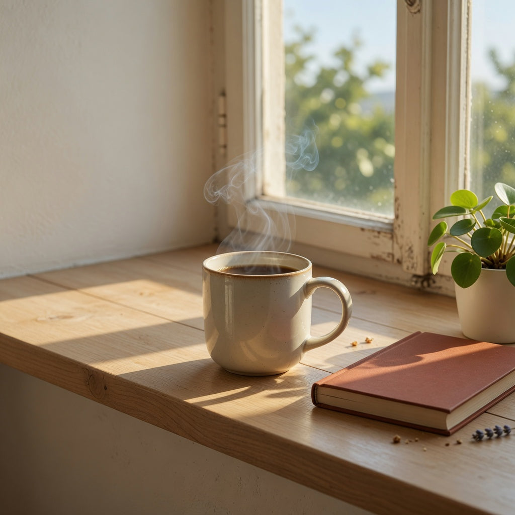 Ceramic mug sunny window coffee setup with a glazed cup on a bright kitchen sill