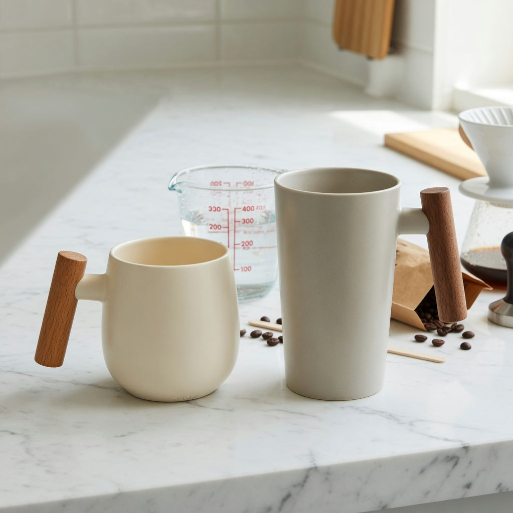 Ceramic mug with wooden handle capacity guide comparing lower 350 ml and taller 400 ml mug forms