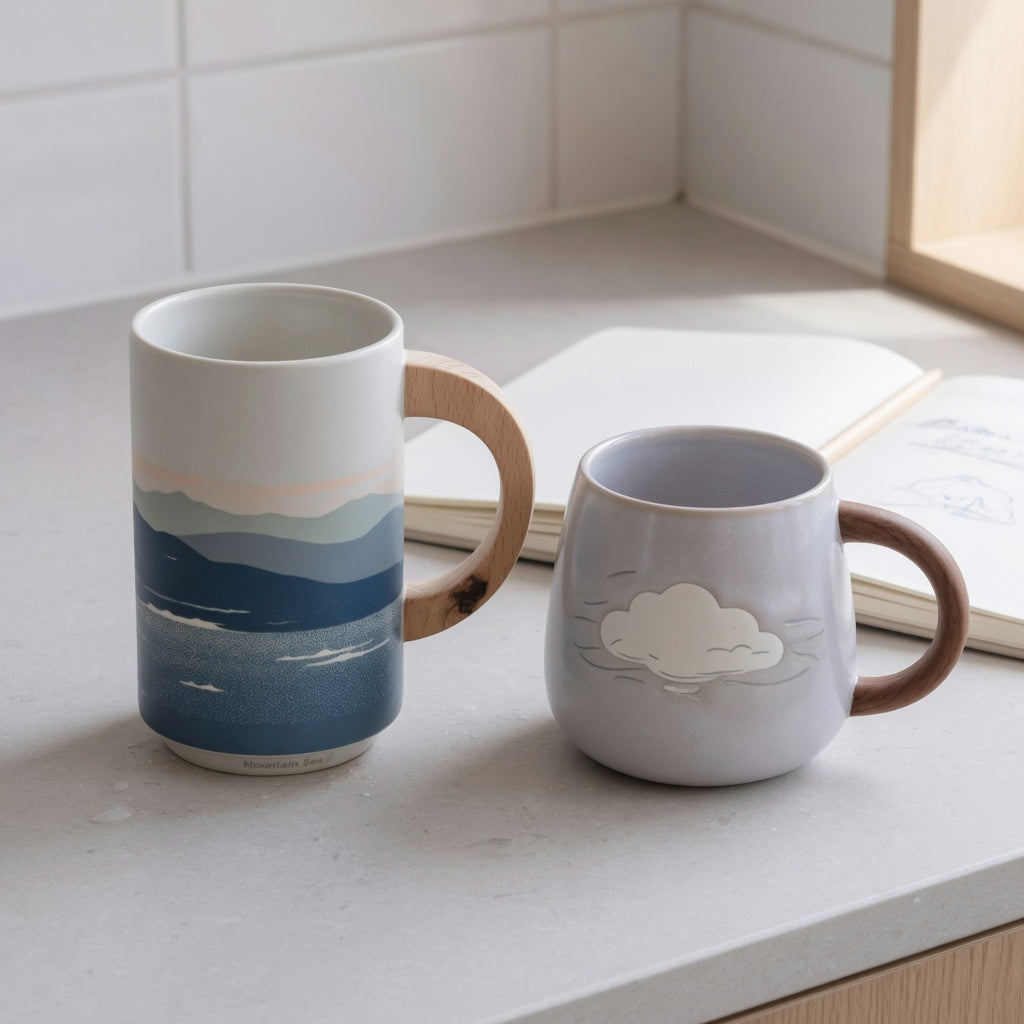 Ceramic mug with wooden handle comparison showing Mountain Sea II's upright form beside The Cloud's rounded form