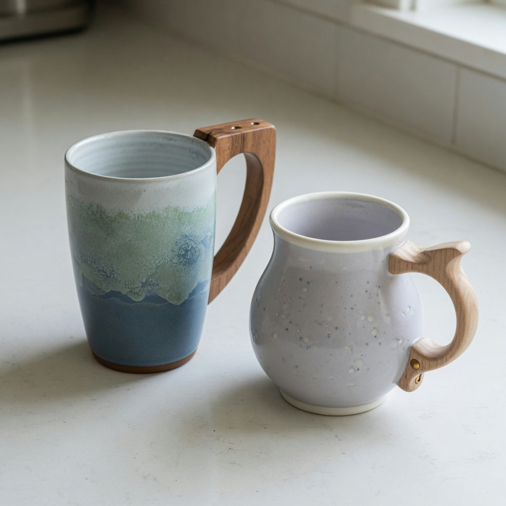 Ceramic mug with wooden handle current product facts comparison showing Mountain Sea II and The Cloud side by side