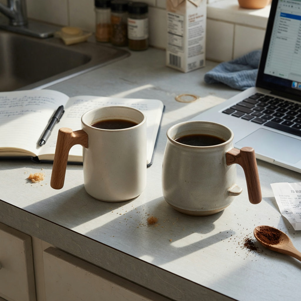 Ceramic mug with wooden handle daily use guide comparing upright and broad mug forms for a desk or kitchen counter